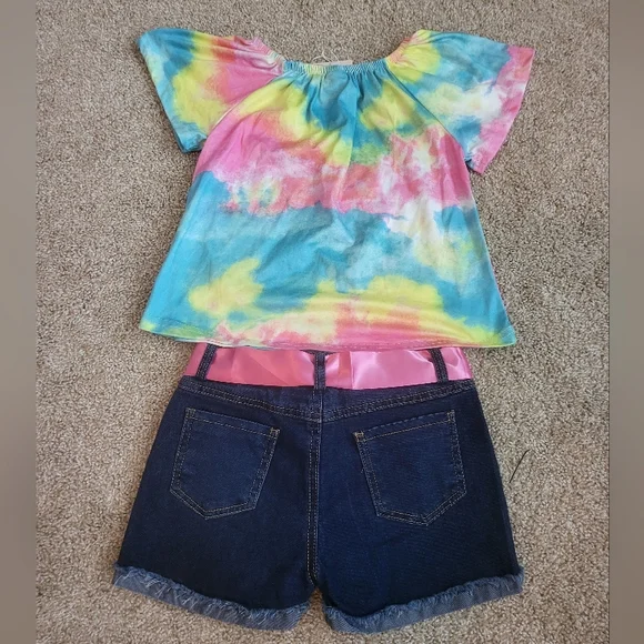 ♥️NWT♥️ MIA BELLE COLORFUL TIE-DYE TOP &DENIM SHORTS SET
